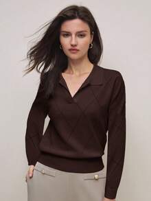 BizChic 2026 Spring/Summer New Asymmetrical Diamond Pattern Knitted Polo Neck Pullover Sweater For Women, 90s Teacher Chic Elegant Carnival Party British Retro College Style Back To School Music Festival Urban Commute - Brown - View 6