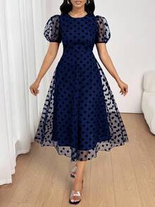 SHEIN Lady Đầm midi chấm bi cổ tròn tay bồng eo cho nữ, thời trang và thanh lịch - Màu xanh hải quân - Xem 4