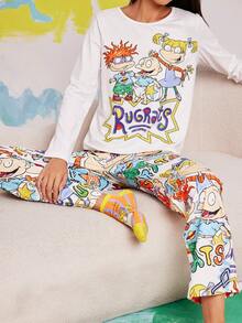 Nick 90s | SHEIN Women Cartoon Print Top & Pants Pajama Set, Fall Winter Clothes - White - View 5