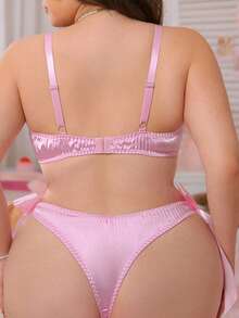 PetitDoll 大码女式两件套内衣套装：可调节肩带短款上衣（带蝴蝶结装饰）+蝴蝶结装饰内裤 - 粉色 - 查看 2