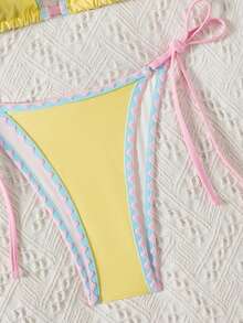 Swim Mod Women's Halter Neck Bikini Swimwear, Pearl & Palm Tree Decor, Suitable For Beach, Vacation, And Dates, Spring/Summer - Yellow - View 5