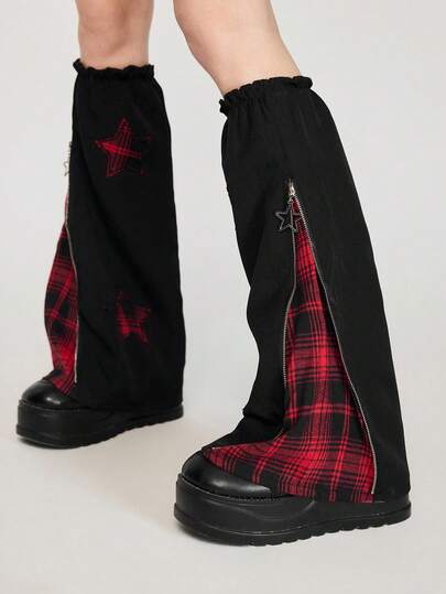 Anime 1 Paio di scaldamuscoli con zip, stile Y2K a quadri e stelle, patchwork, vintage chic, adatti per uso quotidiano, scuola, vacanze, appuntamenti, Ognissanti, Natale e altre occasioni