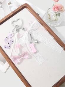 ROMWE Kawaii 1个可爱简约的亚克力蝴蝶结铃铛银链钥匙扣吊坠配饰，适合女性/女孩日常佩戴，节日礼物 - 粉色 - 查看 3