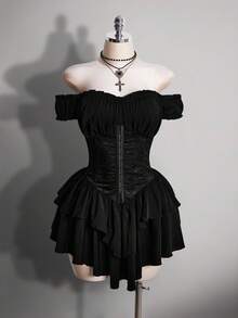 SHEIN ICON 大码女式黑色褶皱提花腰带拼接荷叶边单肩层叠荷叶边下摆A字雪纺迷你连衣裙，适合派对和休闲场合 - 黑色 - 查看 3