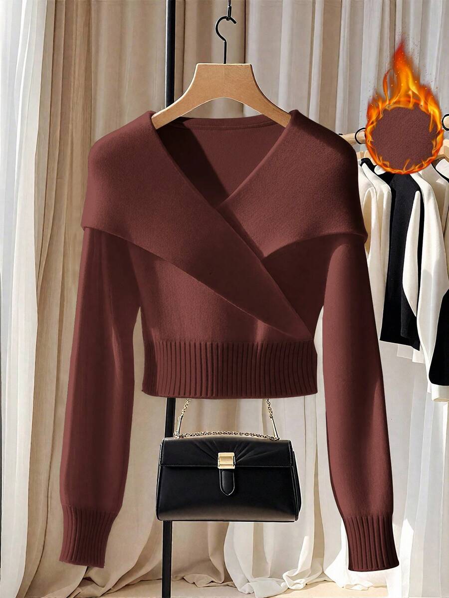 Franclia 法式优雅白色超大翻领针织外套，独特的披肩领针织毛衣，适合秋冬季节，搭配弹力高领T恤 - 中紫紅色 - 查看 1