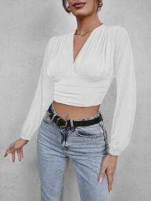 SHEIN Cottnline Casual Solid Color Lantern Sleeve Cropped Shirt, Autumn - White - View 4