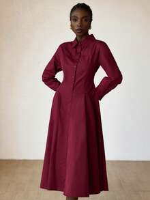 Aveloria Modichic Simple And Comfortable, A Solid Color Fitted And Fashionable Casual Dress That Is Versatile For All Occasions And Has Loose Long Sleeves With A Wide Hem And A Turned-Down Collar And Button Fastening. - Burgundy - View 3
