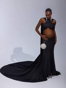 Cheriluna Maternity 纯色抹胸飘逸长款孕妇连衣裙，适合拍照 - 黑色 - 查看 3