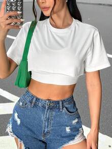 SHEIN EZwear Top Corto De Color Sólido Para Mujeres - Blanco - Ver 3