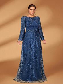 Serin Stunning Plus Size Mother Of The Bride Navy Blue Maxi Dress Mesh Fabric Long Sleeve Round Neck A Line - Navy Blue - View 6