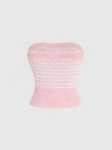 ROMWE Kawaii Coquette Cute & Innocent Girl Striped Tube Top And Shorts 2 Pieces Knit Sweater Set - Pink - View 4