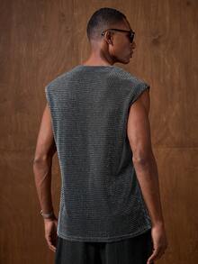 AKNOTIC Men's Fashion Casual Vest Gun Sequin Top Men Rhinestone Top Men Sparkly Top Men Men Crochet Top Twilight Knit Top Men - Black - View 6