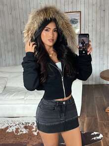 SHEIN PETITE Chân váy denim mini thường ngày viền cuộn có túi dành cho nữ - màu đen - Xem 3