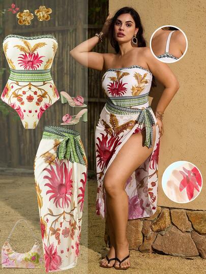 Swim Oasis Plus Size One-Piece Swimsuit With Printed Detachable Strap & Skirt, Casual & Minimalist Design For Women