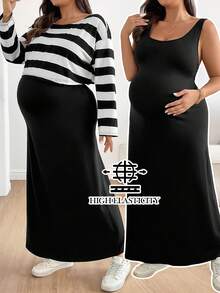 SHEIN This Two-Piece Maternity Set Includes A Plus-Size Black Striped Top And A Solid-Color Sleeveless Dress, Perfect For Casual Everyday Wear In Autumn. Pregnant Clothes Pregnant Dress Maternity Clothes Pregnant Outfits Plus Size Black Dress Plus Size Pregnant Outfits Plus Maternity Clothes Maternity Dress - Black and White - View 1