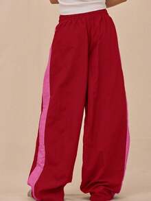 MUSERA Drawstring Waist Nylon Contrast Panel Wide Leg Tracksuit Bottoms Only Airport Casual The Book Shop Fall Autumn Summer - Burgundy - View 4