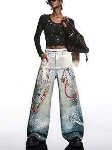 LYSMO 2026 New Arrive Minimalism Spring/Summer Women's Chain Fun Patterns Pocket Wide Leg Loose Casual Jeans/ Summer Clothes / Spring Break Outfits / Valentine Outfits For Women /Valentine's Day / Valentine Clothes /Holiday Outfits For Women / Graphic Jeans /Birthday Outfits For Women / Y2k Jeans /Y2k Clothes / Y2k Women/2000s Style - Blue - View 7