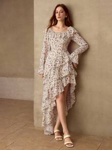 MOTF PREMIUM 女士露肩荷叶边不对称下摆连衣裙，秋冬季 - 杏色 - 查看 5