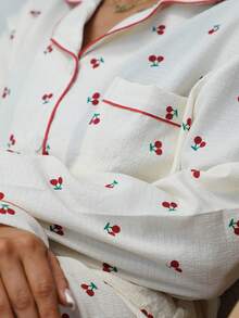 SAYEHFBABY 樱桃印花甜美可爱睡衣套装，适合秋冬季；女士睡衣和家居服，配有长袖纽扣上衣和裤子，秋季衣服 - 杏色 - 查看 3