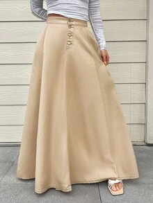 SHEIN PETITE 女款高腰前扣休閒與職場牛仔裙，適合嬌小女性 - 卡其色 - 查看 4