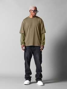 SUMWON 男士双层长袖T恤，叠层设计，圆领，休闲日常上衣，街头时尚，舒适合身，纯色 - 彩色 - 查看 3