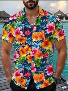 VIVINTIMO Men's Floral Print Button Front Casual Vacation Short Sleeve Shirt - Multicolor - View 6