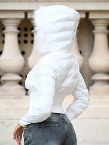Mima John White Colorblock Trim Hooded Cropped Padded Coat In Fall/Winter - White - View 3