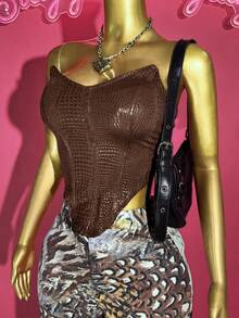 Slaydiva Women Two Pieces Set Chic Summer Night Out Club All Shades Of Brown Textured PU Tube Top Vest + High Waist Wide Leg Printed Trousers Birthday Outfit - Multicolor - View 4