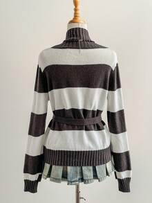 SHEIN Unity Cardigan Wanita Kasual Motif Garis-Garis Blok Warna dengan Tali Depan, Musim Gugur/Dingin - MultiWarna - View 2