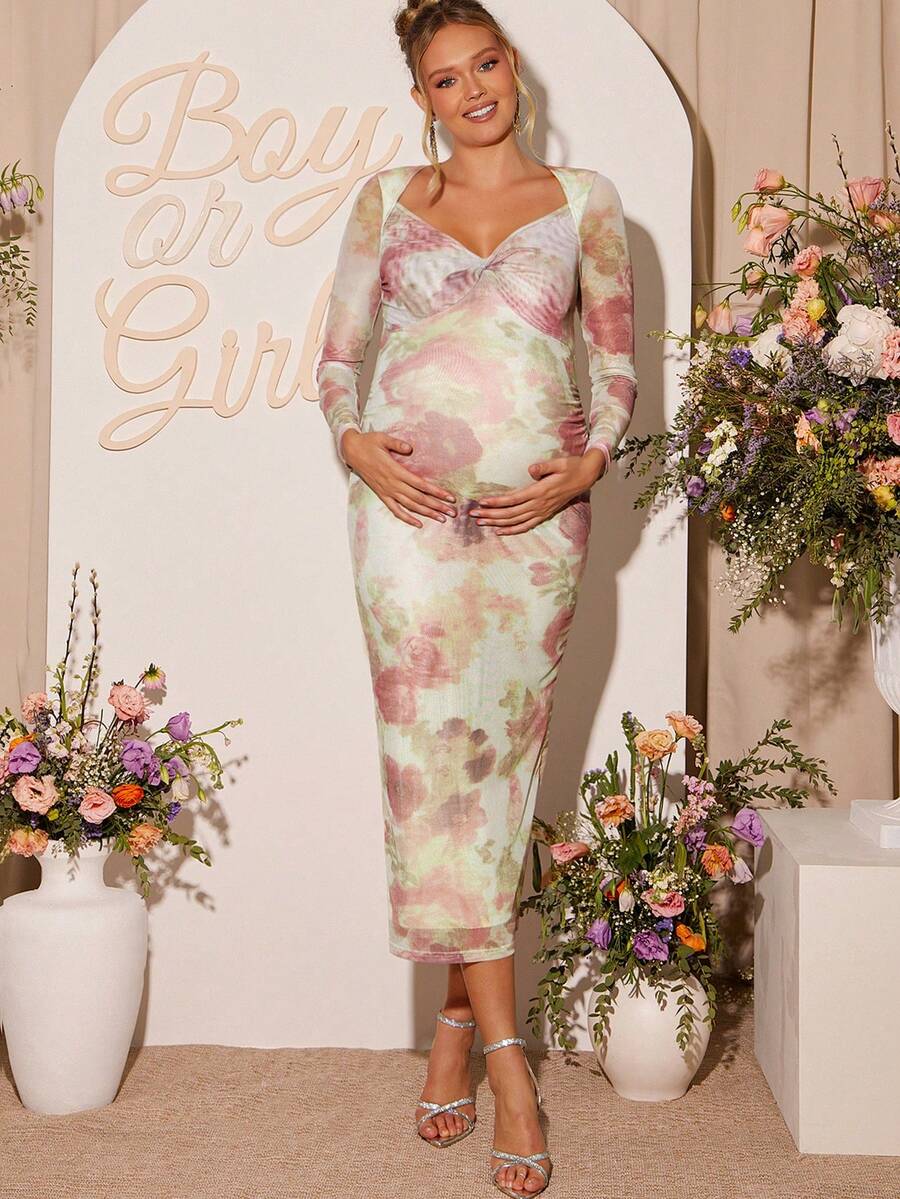 Loomaby 孕妇优雅印花扭结胸前甜心领开衩下摆修身连衣裙，适合春、夏、秋季穿着 - 彩色 - 查看 1