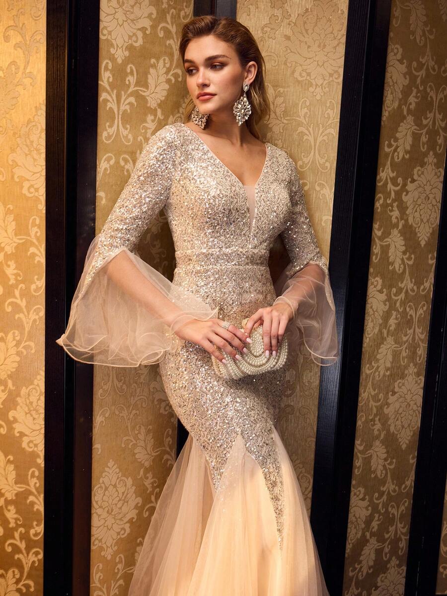 MOTF Soiréza Váy dạ hội dài chấm đất cổ chữ V sâu đính sequin dành cho nữ, tay áo dài xòe có tay áo và gấu váy bằng vải tuyn, chân váy đuôi cá nàng tiên cá và họa tiết hình bóng ôm sát, lý tưởng cho các buổi dạ hội, đám cưới và nhiều kiểu dáng khác nhau với trang sức và giày cao gót