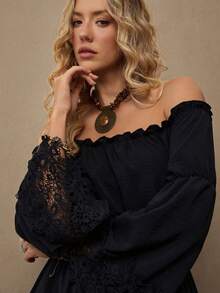 Freevana Women's Vacation Black Off-Shoulder Long Sleeve Cinched Waist A-Line Dress, Lace Trim Cuffs Loose Dress, Forest Style Autumn/Winter Dress Black Off Shoulder Dress - Black - View 3