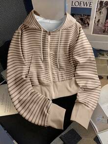 INAWLY 女士条纹插肩长袖短款休闲卫衣，带抽绳 - 彩色 - 查看 4