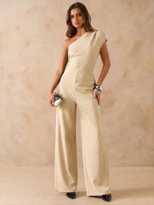 SHEIN BAE Bộ đồ liền thân ống rộng ôm sát vai bất đối xứng màu đen dành cho nữ, trang phục thanh lịch khi đi chơi hàng ngày, hẹn hò, tiệc tùng, tụ tập - Màu be - Xem 4