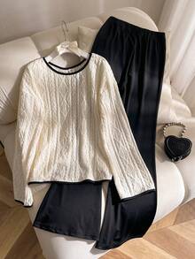 Elladie kids 2pcs/Set Tween Girls Textured Long Sleeve Top In Beige & Contrast Bow Accent, Paired With Black Flared Pants - Multicolor - View 2