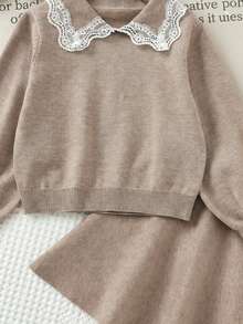 SHEIN Bộ áo len và chân váy xếp nếp màu tương phản dễ thương cho bé gái - Màu Khaki - Xem 6