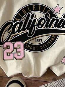 少女休闲复古字母数字徽章图案T恤，运动学院风短袖圆领T恤，适合夏季，基础款，轻松运动风，舒适精选，字母T恤，休闲舒适，蓝白配色，秋季T恤，简约时尚，经典款式，女童棒球衫，女童棒球服，Kpop，快速发货，E-Girl - 彩色 - 查看 5