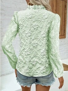 Elenzga Elegant Daily V-Neck Ruffle Puff Sleeve Textured Women Blouse - Olive Green - View 2