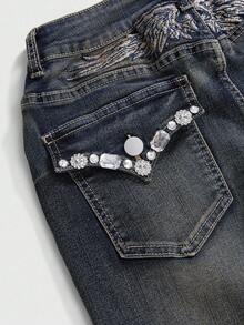 Goth Quần jeans ống loe cạp trễ thêu cánh đính đá thời trang cổ điển giản dị dành cho nữ - Màu xám đen - Xem 5