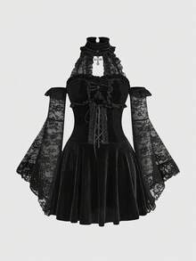 ROMWE Goth Elegant Stand Collar Velvet & Lace Patchwork Tie-Up Waist Flare Sleeve Mini Dress - Black - View 1