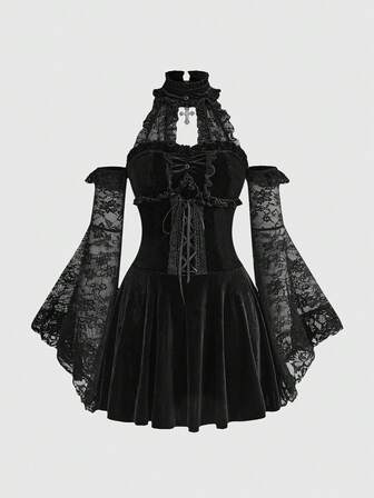 Elegantes Gothik-Minikleid mit Stehkragen, Samt- und Spitzeneinsätzen, Bindung in der Taille und weiten Ärmeln