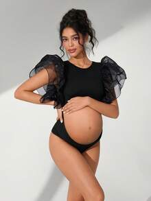 Cheriluna Maternity 孕妇摄影连衣裙，荷叶边袖，双层欧根纱，圆领，修身前襟带腹部镂空设计 - 黑色 - 查看 3