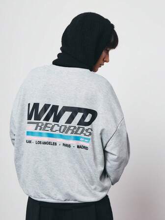 SURIMA Casual Grey Minimalist Printed Pattern Crew Neck Loose Fit Women Sweatshirt