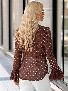 Solivie Damen Polka Punkt Muster Patchwork Volant Glockenärmel Braun Elegante Bluse, Elegante Bluse Frühling - Verschiedenfarbig - Übersicht 2