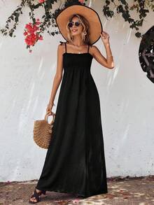 EURMUSE Solid Knot Shoulder Cami Dress - Black - View 3