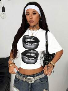 Coolane Women's Fashionable Lip Print Fitted Cropped T-Shirt, Summer,Graphic Tees - White - View 6