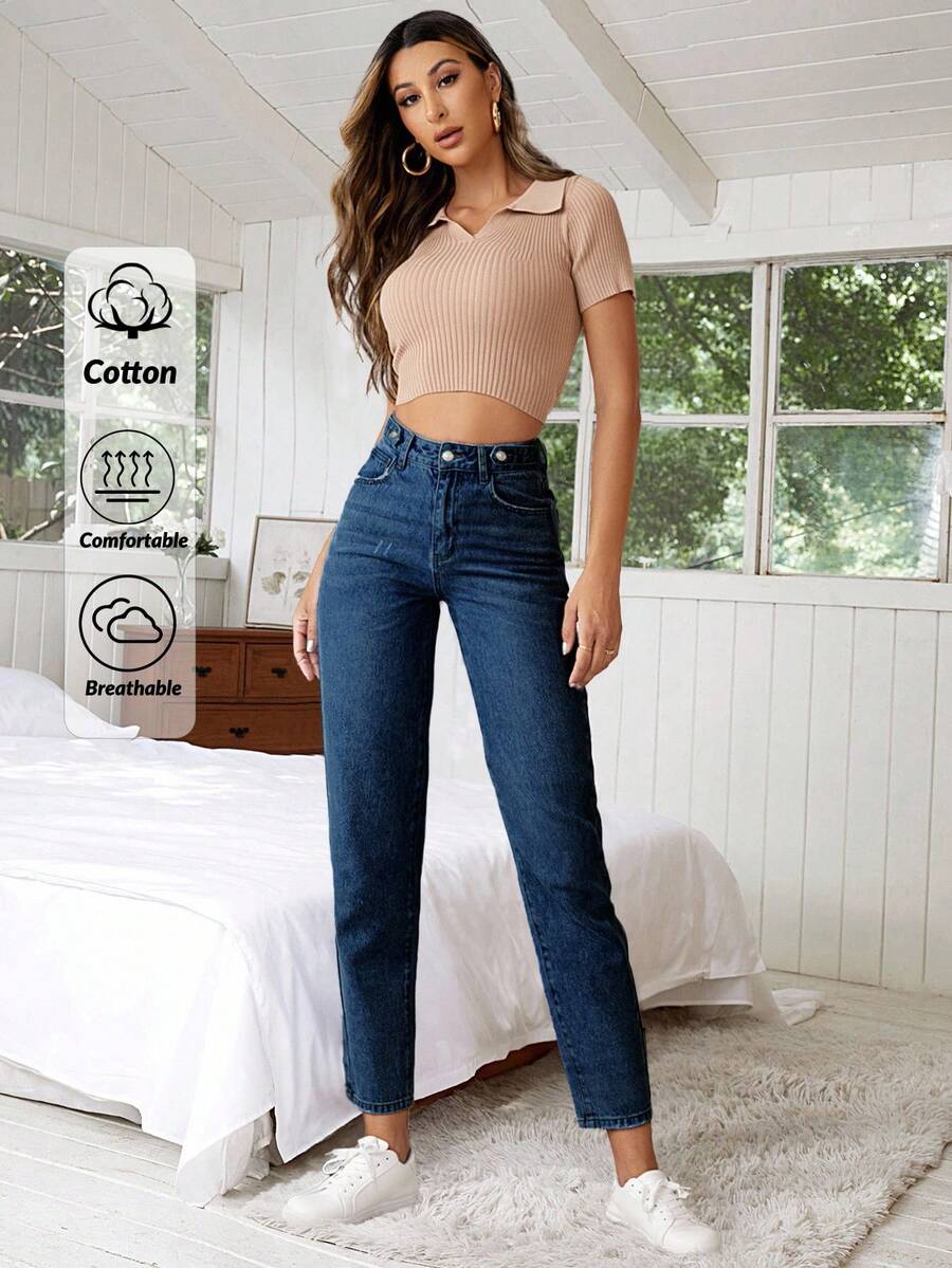 SHEIN Tall 高腰纽扣细节妈妈牛仔裤 - 深色水洗藍 - 查看 1