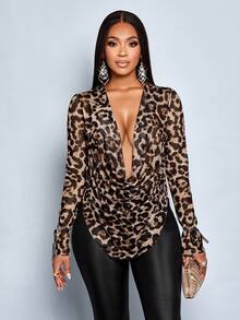 SOLERSUN Camiseta de manga larga con cuello drapeado y fruncido de malla con estampado de leopardo elegante para mujer (Floral aleatorio) - Marrón - Ver 7