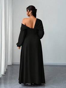 Elenzga 大码女士优雅浪漫派对/婚礼宾客雪纺不对称领长袖A字高开衩长裙，春/秋/冬 - 黑色 - 查看 2