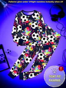 男童夜光足球印花睡衣套装，包括圆领印花上衣和松紧腰紧身裤，舒适睡衣 - 藏蓝色 - 查看 3